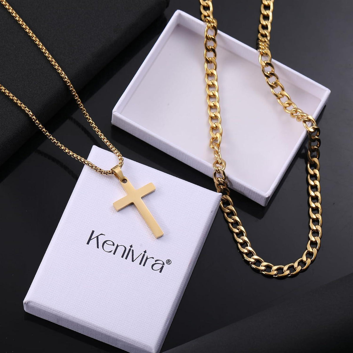 2Pcs Herren Kreuz Kette Halskette Kubanische Kette Silber/Gold/Schwarz