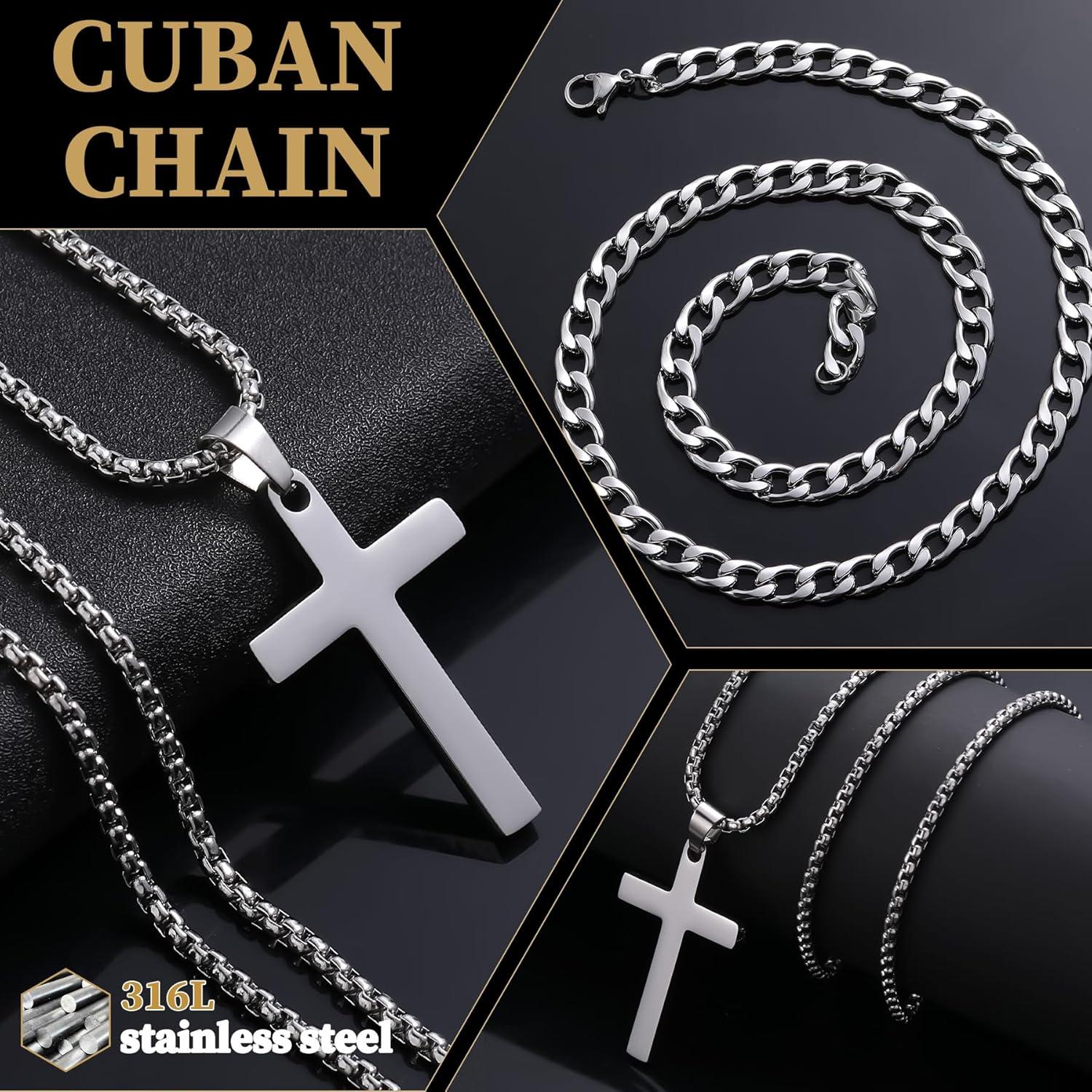 Herren Halskette Kreuz Edelstahl Kubanische Kette Geschenk 45-50cm