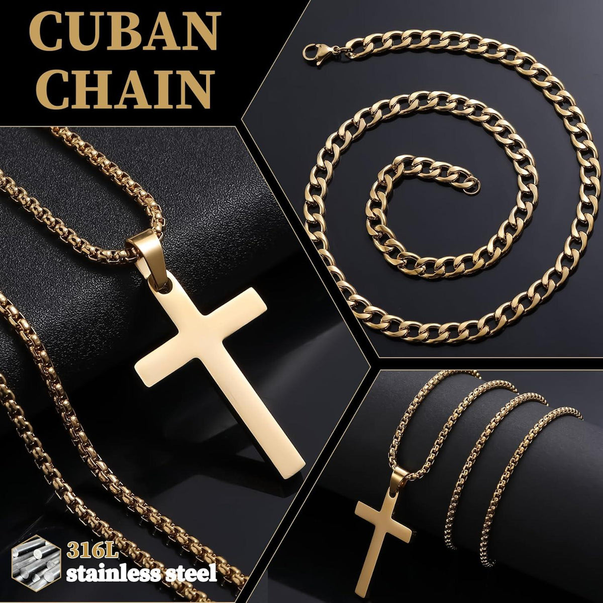 Herren Halskette Set Kreuz Edelstahl Silber Gold Schwarz Kette 40cm 45cm