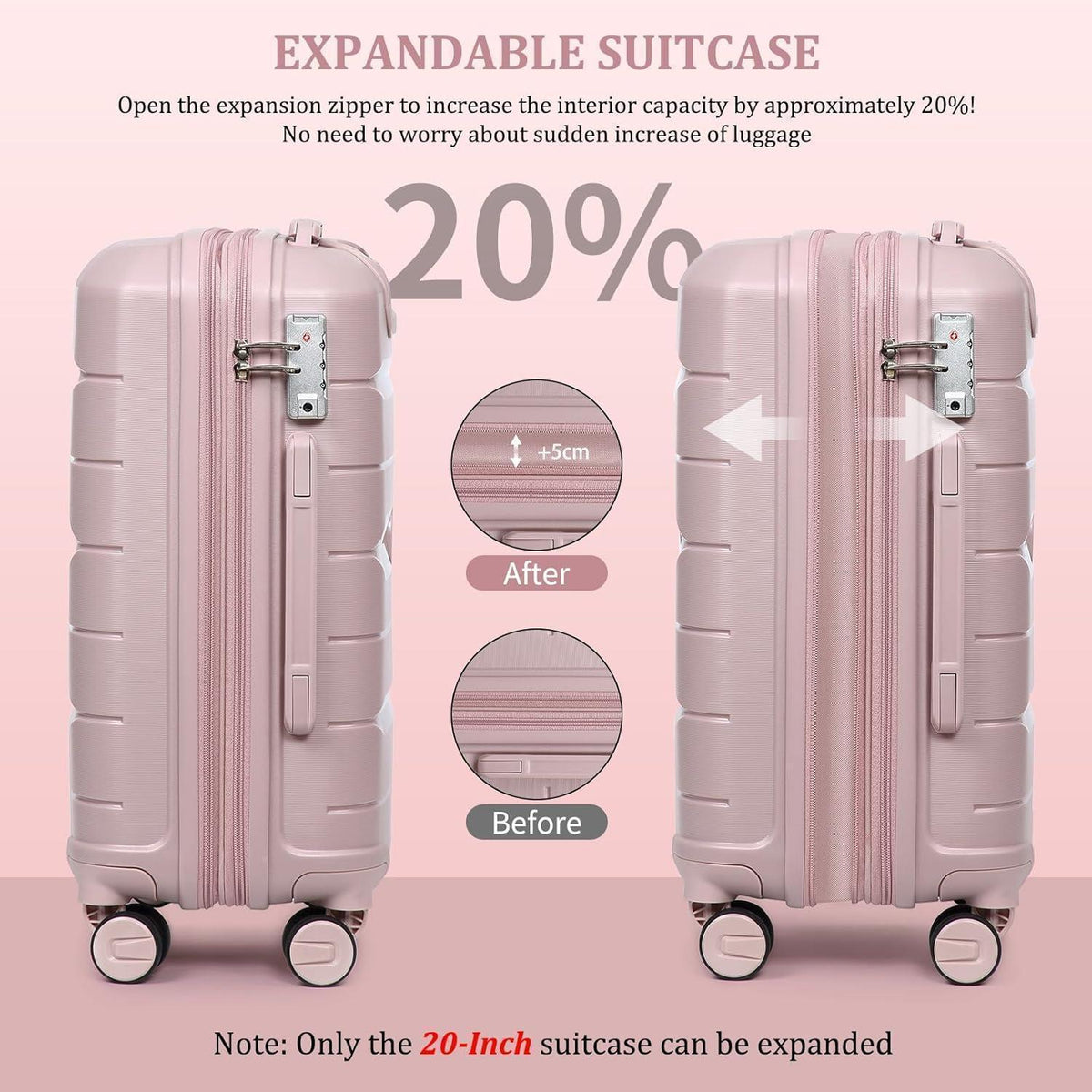 Rosa Handgepäckkoffer Trolley Erweiterbar mit TSA-Schloss 55cm