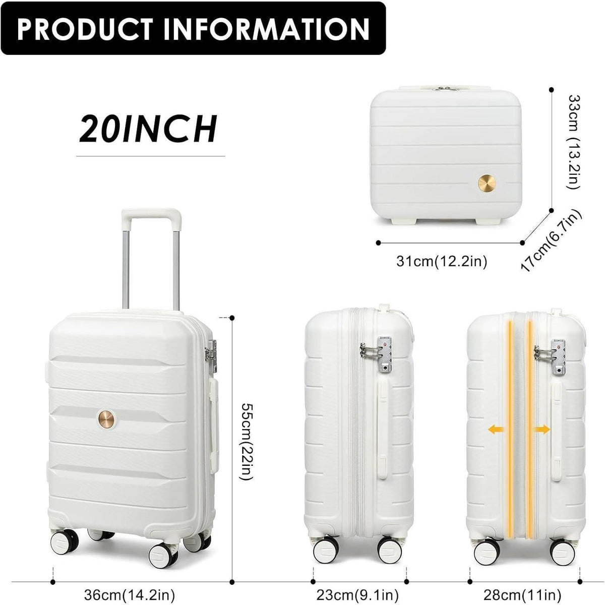 Kabinenkoffer Trolley 55cm Erweiterbar mit TSA-Schloss Weiß