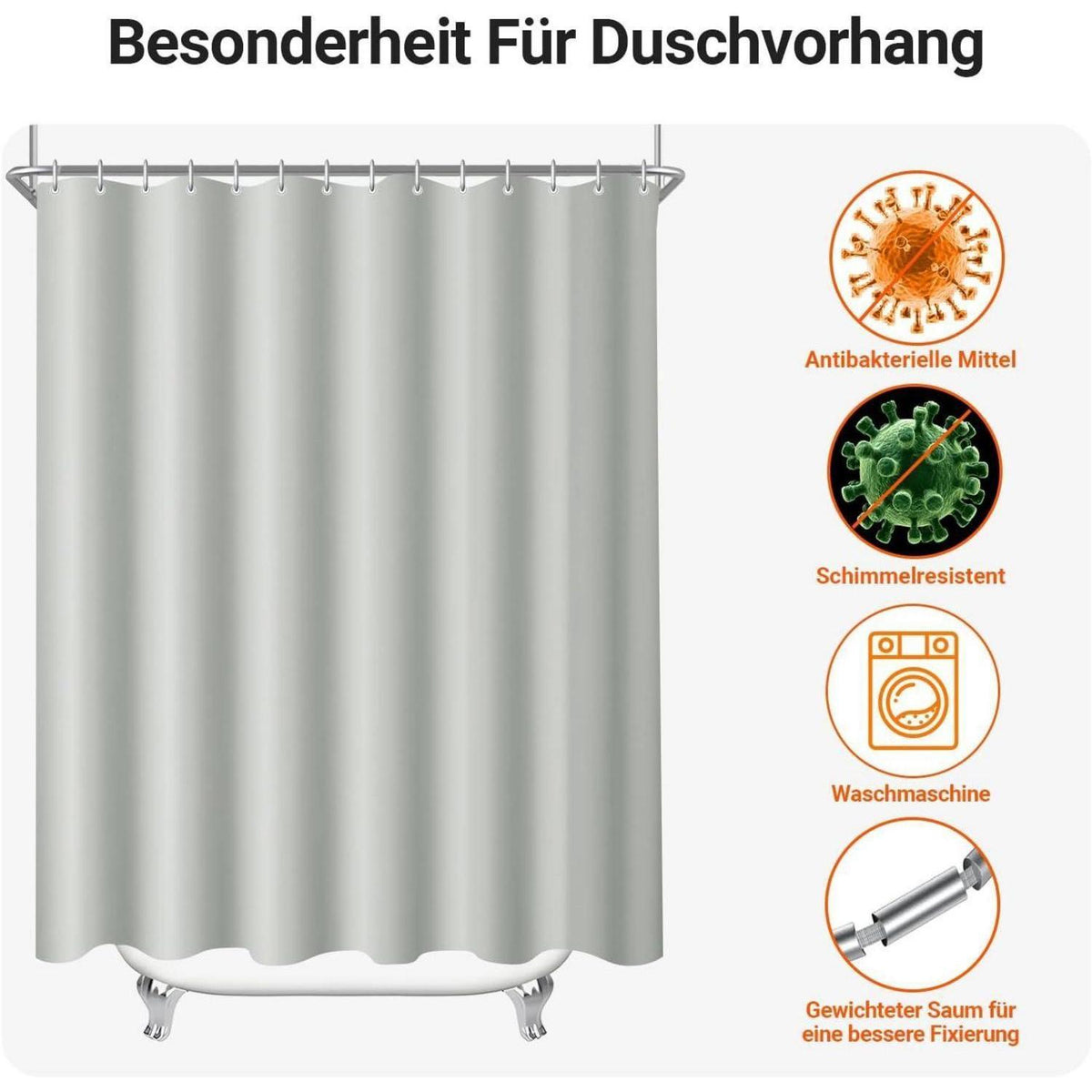 Duschvorhang Grau 200x220cm Textil Wasserabweisend Beschwerter Saum
