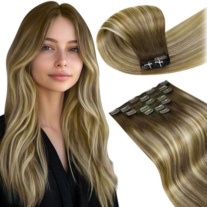 Echthaar Clip in Extensions Ombre Braun-Blond 45cm