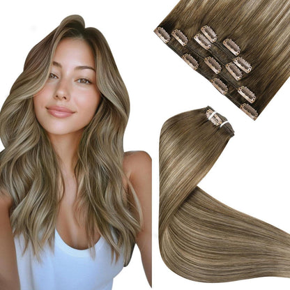 Echthaar Clip-in Extensions Braun Balayage 40cm