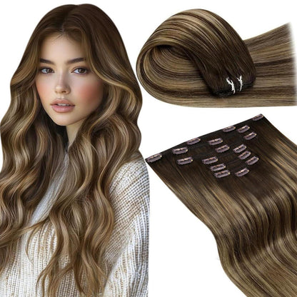 Echthaar Clip-in Extensions Balayage Dunkelbraun Karamellblond