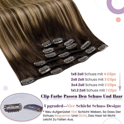 Echthaar Clip-in Extensions Balayage Dunkelbraun Karamellblond