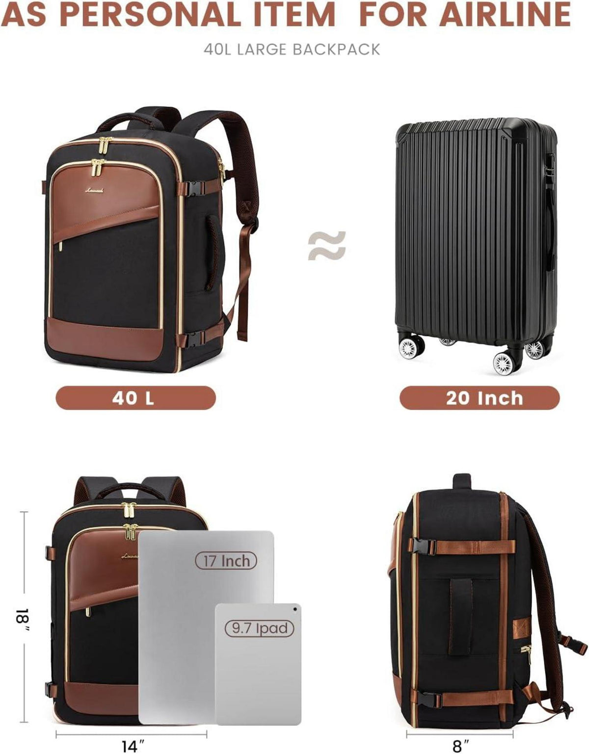 Handgepäck Rucksack Flugzeug Damen 40L Wasserdicht USB-Ladeanschluss