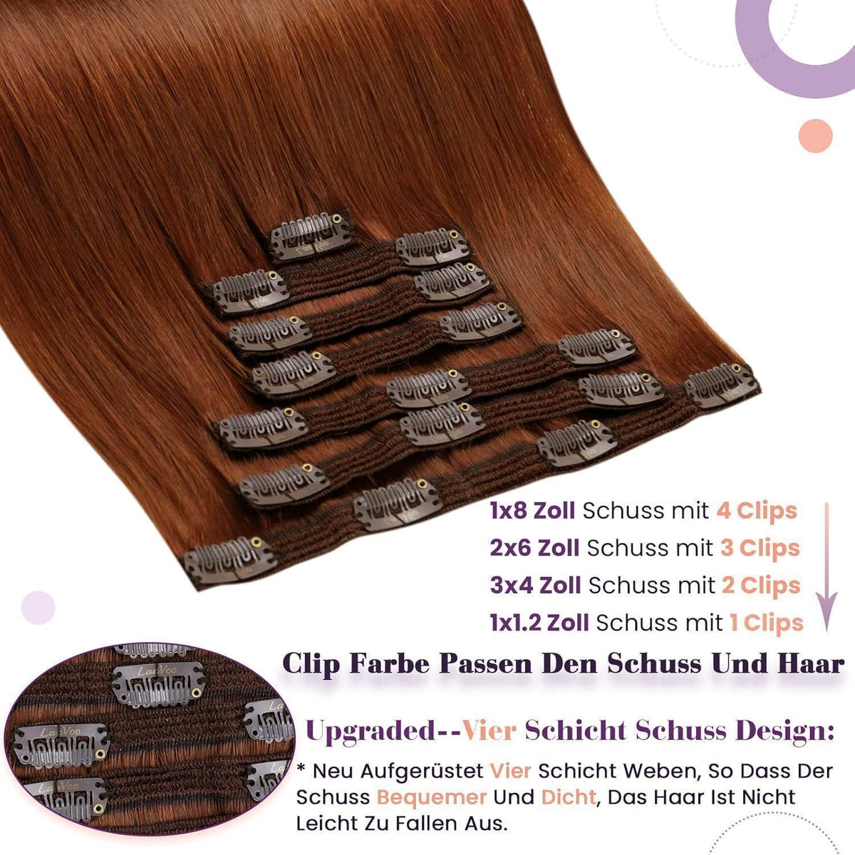 Rote Echthaar Clip-In Extensions - 45cm, Salon Qualität