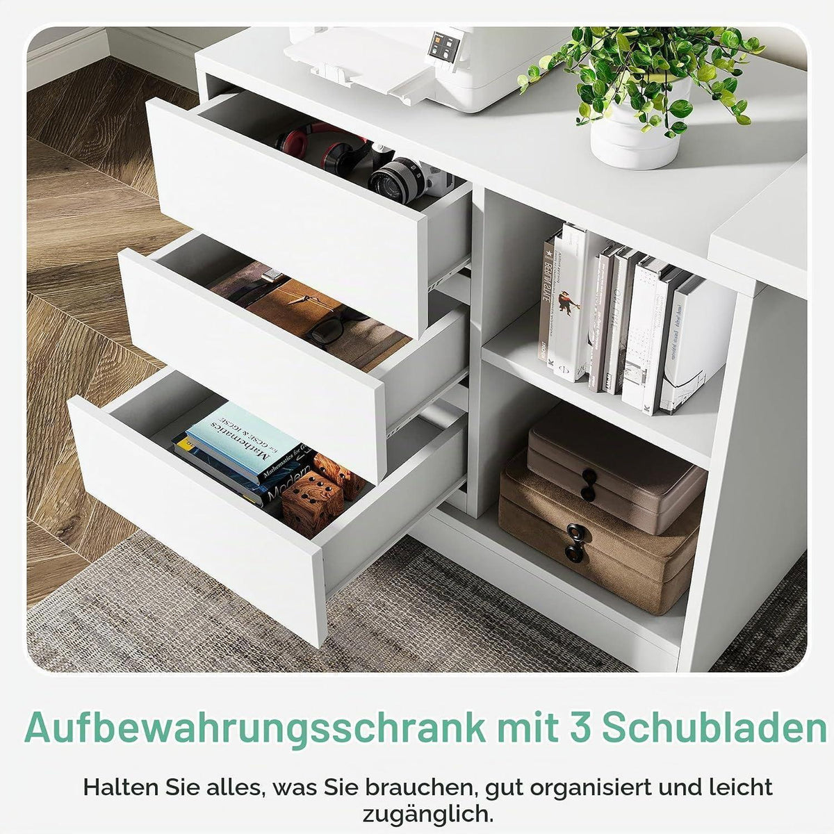 L-förmiger Schreibtisch mit Schubladen & Regalen – Weißes Homeoffice