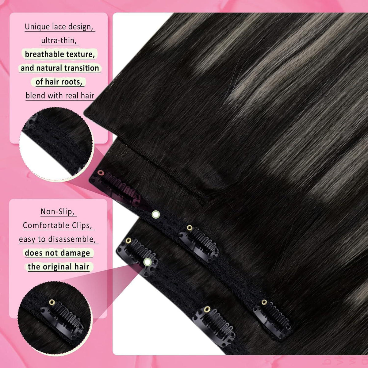 Clip-in Echthaar Extensions Ombre Schwarz Silber 50cm