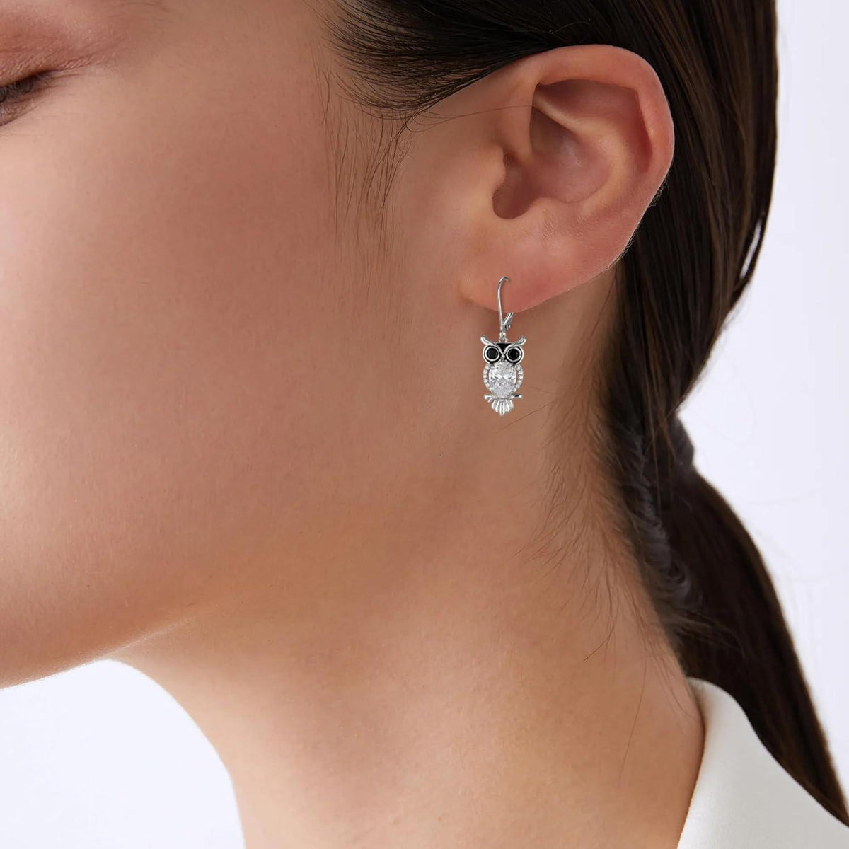 Silber 925 Hängende Eulen Ohrringe, Lang, Zirkonia, Geschenkidee