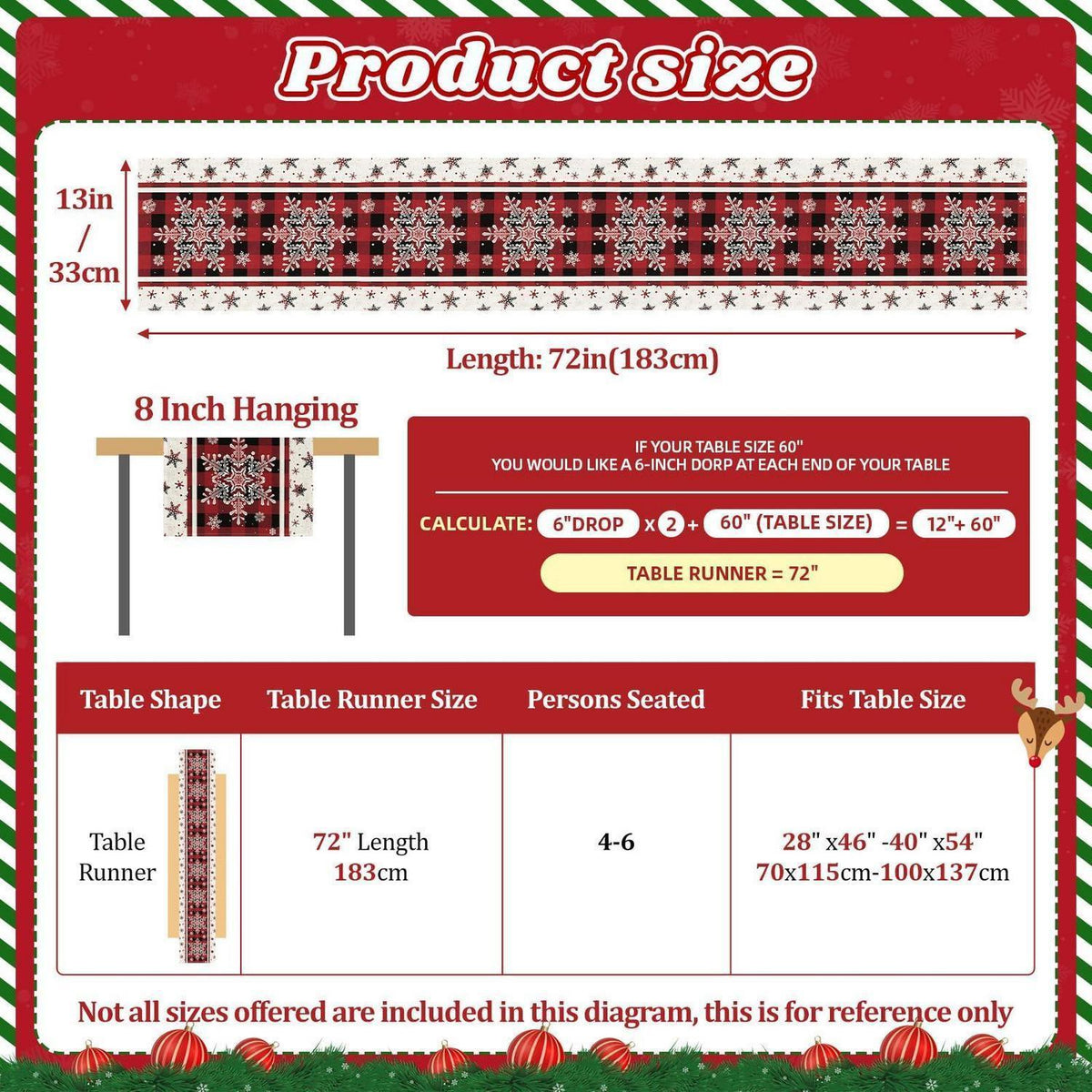 Weihnachtlicher Tischläufer Rot mit Schneeflocken – 180 cm