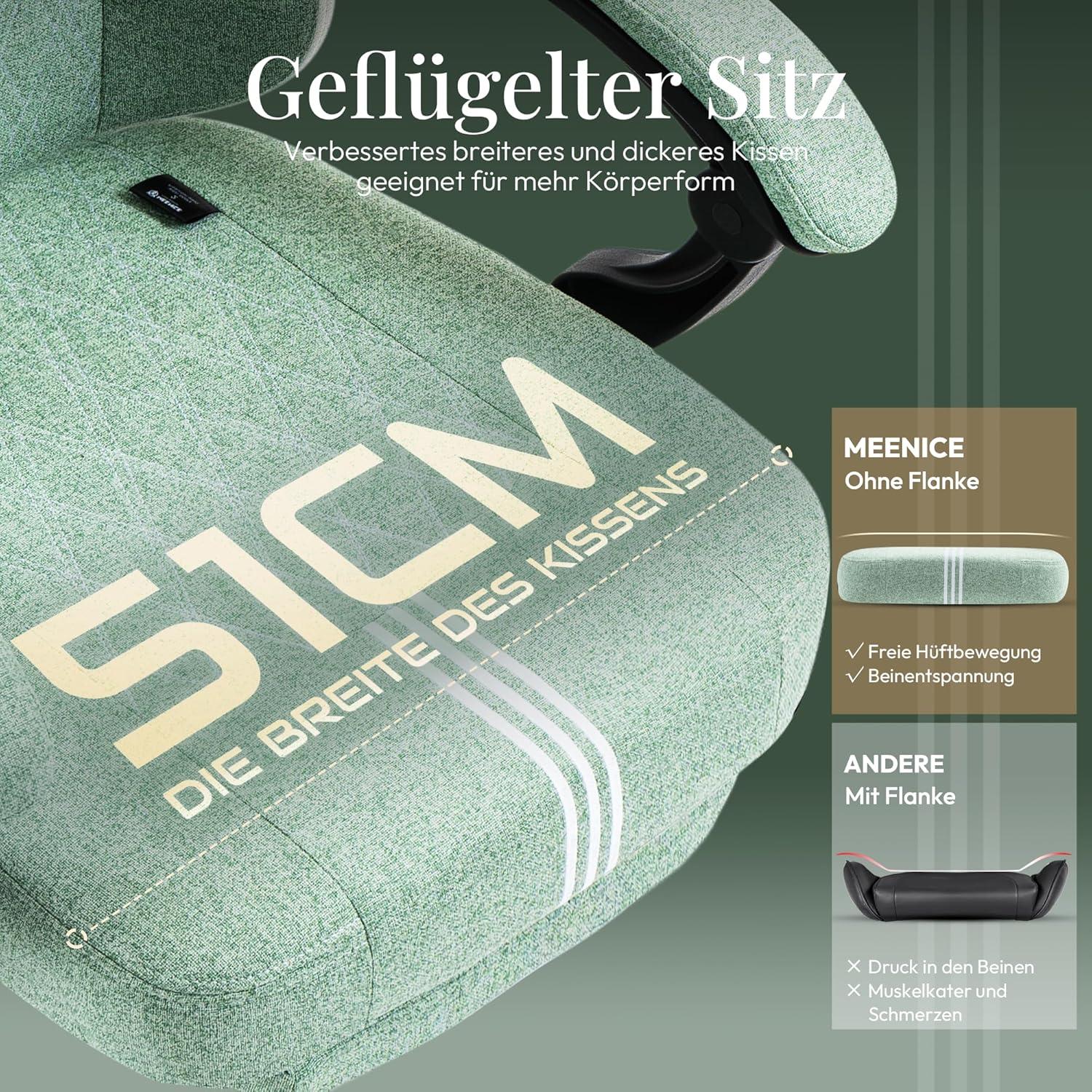 MEENICE Gaming Stuhl Stoff mit Taschenfederkissen, Kühlung Gel, Massage, Fußstütze, Ergonomisch, Hohe Rückenlehne, Grün
