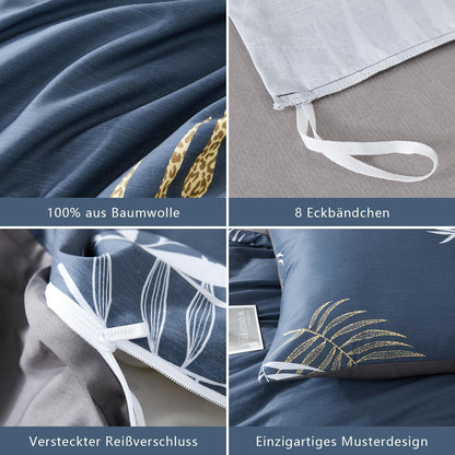 Blaues Baumwoll-Bettwäsche-Set 155x220 cm mit Pflanzenmuster