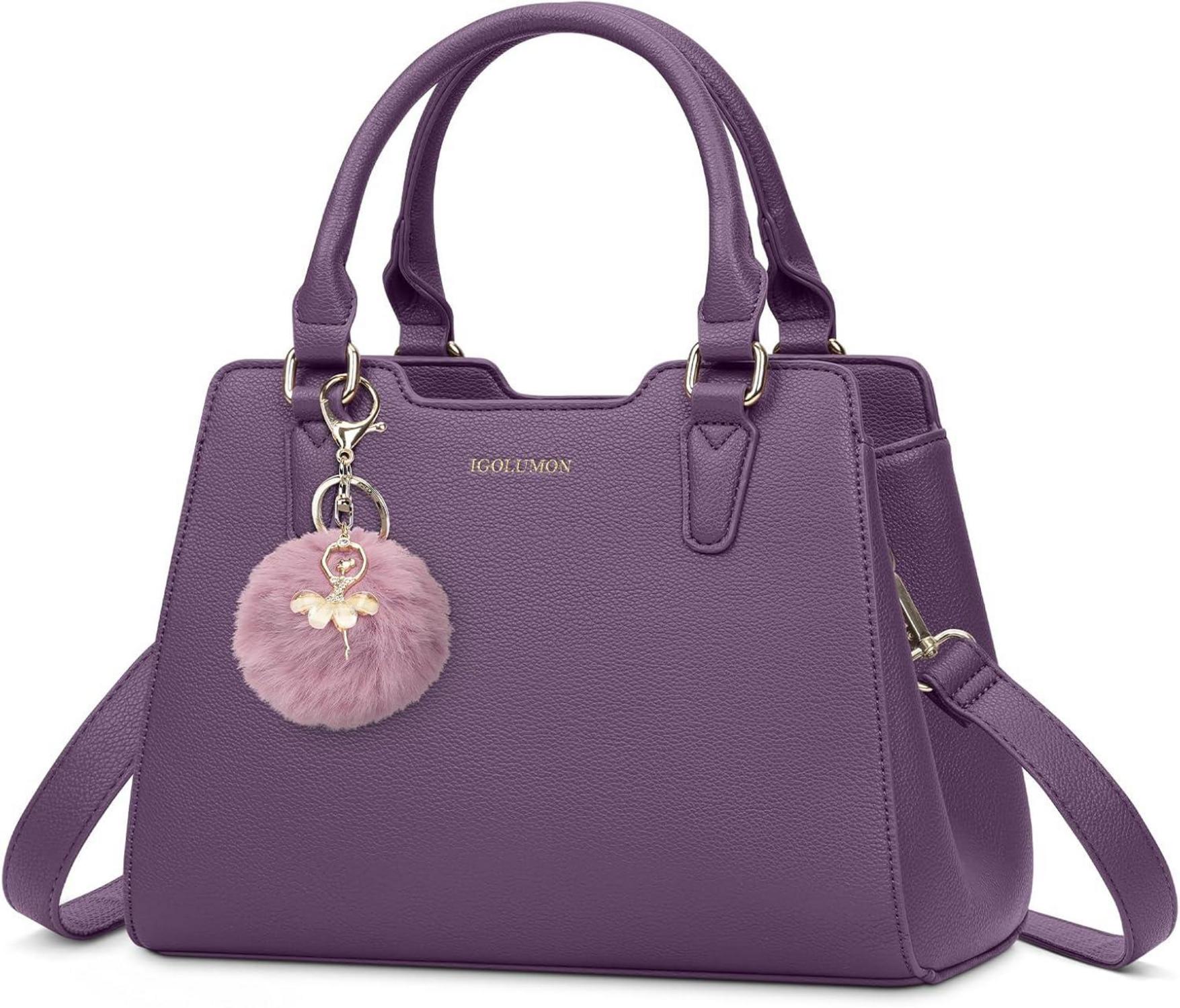 Schwarze PU-Leder Handtasche Damen mittelgroß Henkeltasche mit Pompon