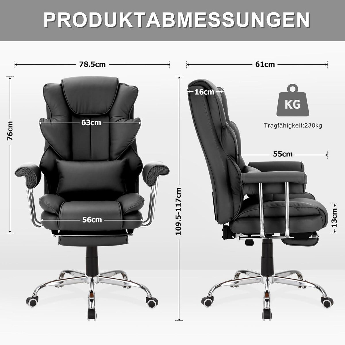 Ergonomischer Bürostuhl PU Leder Tragkraft 230kg Dicker Polsterung