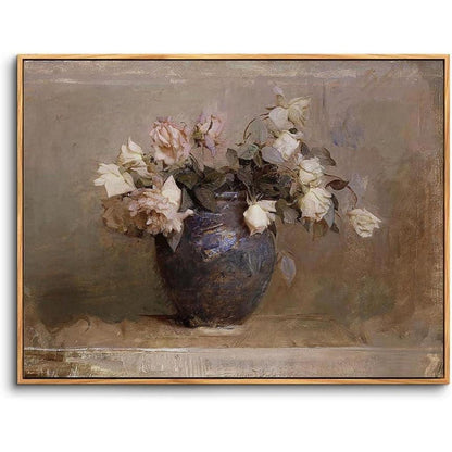 Vintage Rosen in Vase Leinwandbild mit Holzrahmen 50x75 cm