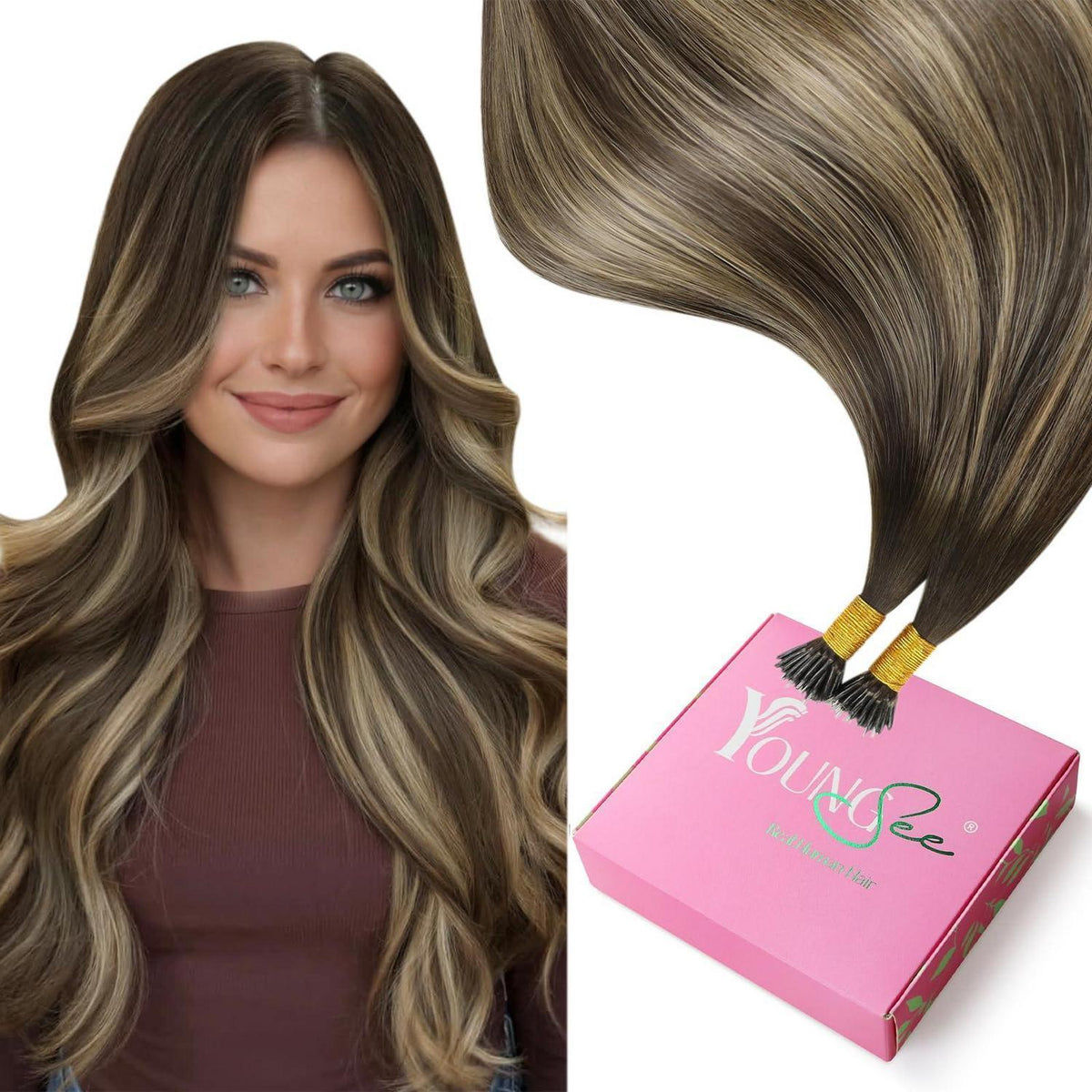 Echthaar Nano Ring Extensions Balayage Dunkelbraun Karamellblond 55cm