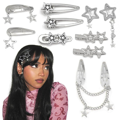 10er Set Silber Haarspangen Y2K Stern Pentagramm Haarklammern