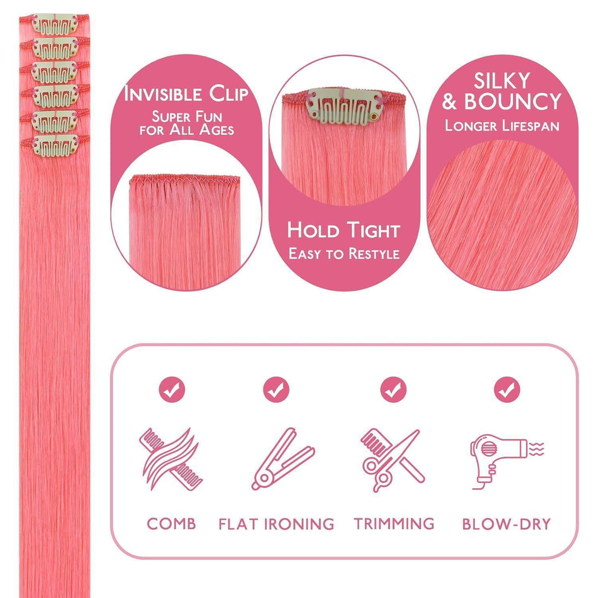 Rosa Clip-In Haarverlängerung 60cm Remy Echthaar