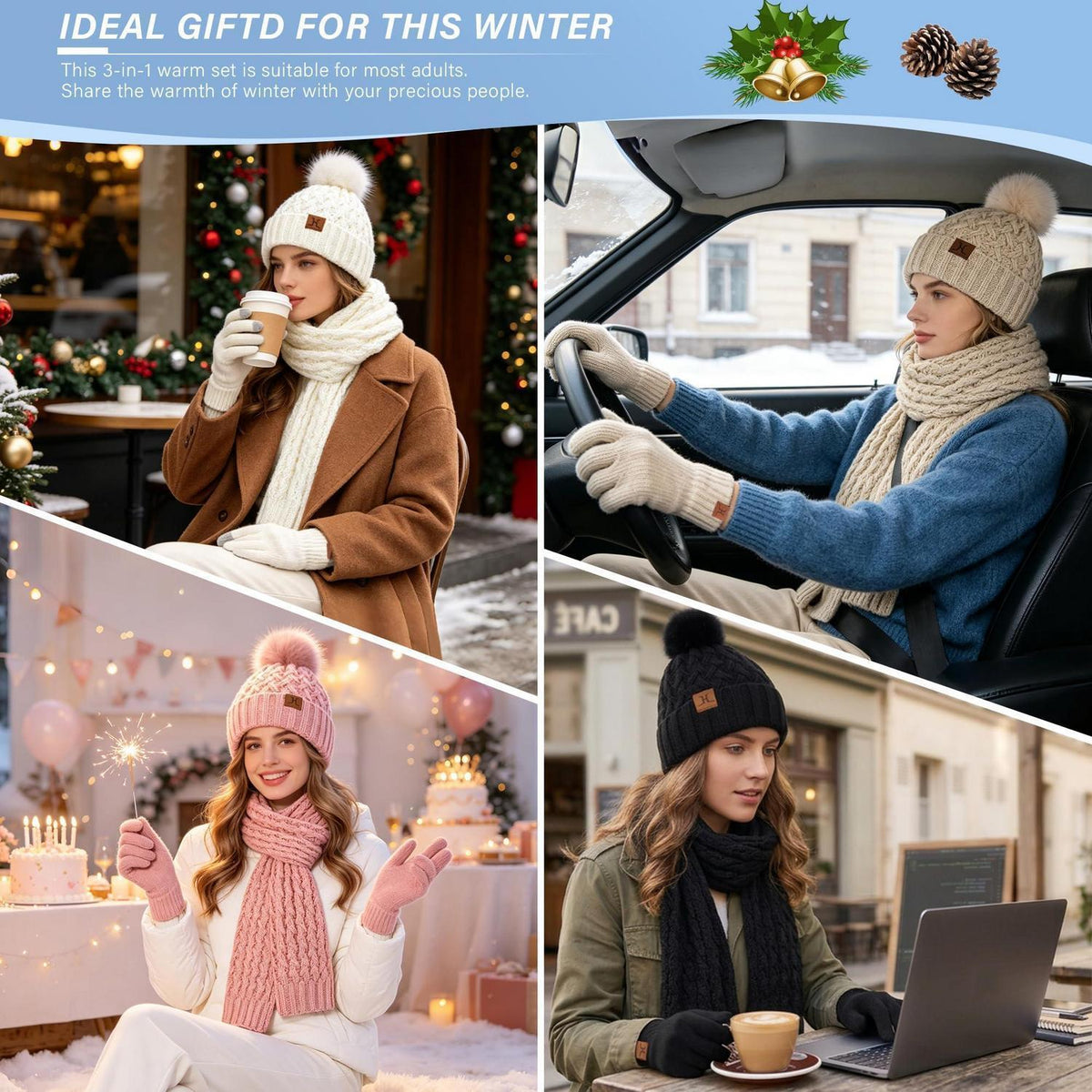 Winter Mütze, Schal & Handschuhe Set Damen - Himmelblau
