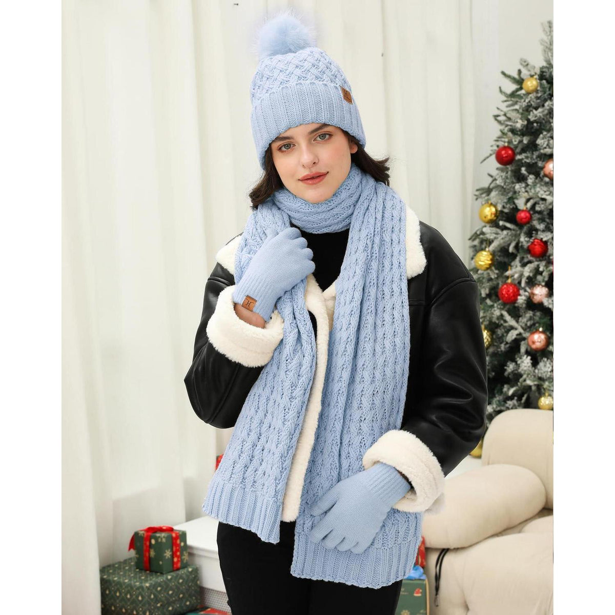 Winter Mütze, Schal & Handschuhe Set Damen - Himmelblau