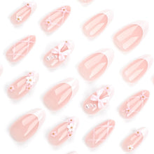 24er Set Medium Almond Fake Nails mit 3D Bow Charms, French Tips