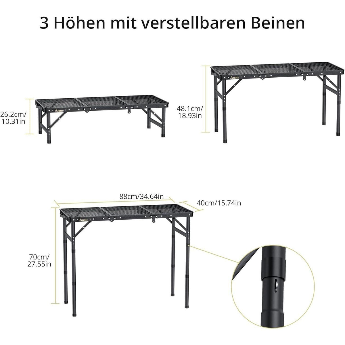 Aluminium Campingtisch klappbar mit 3 Höhen, 88x40cm, Schwarz