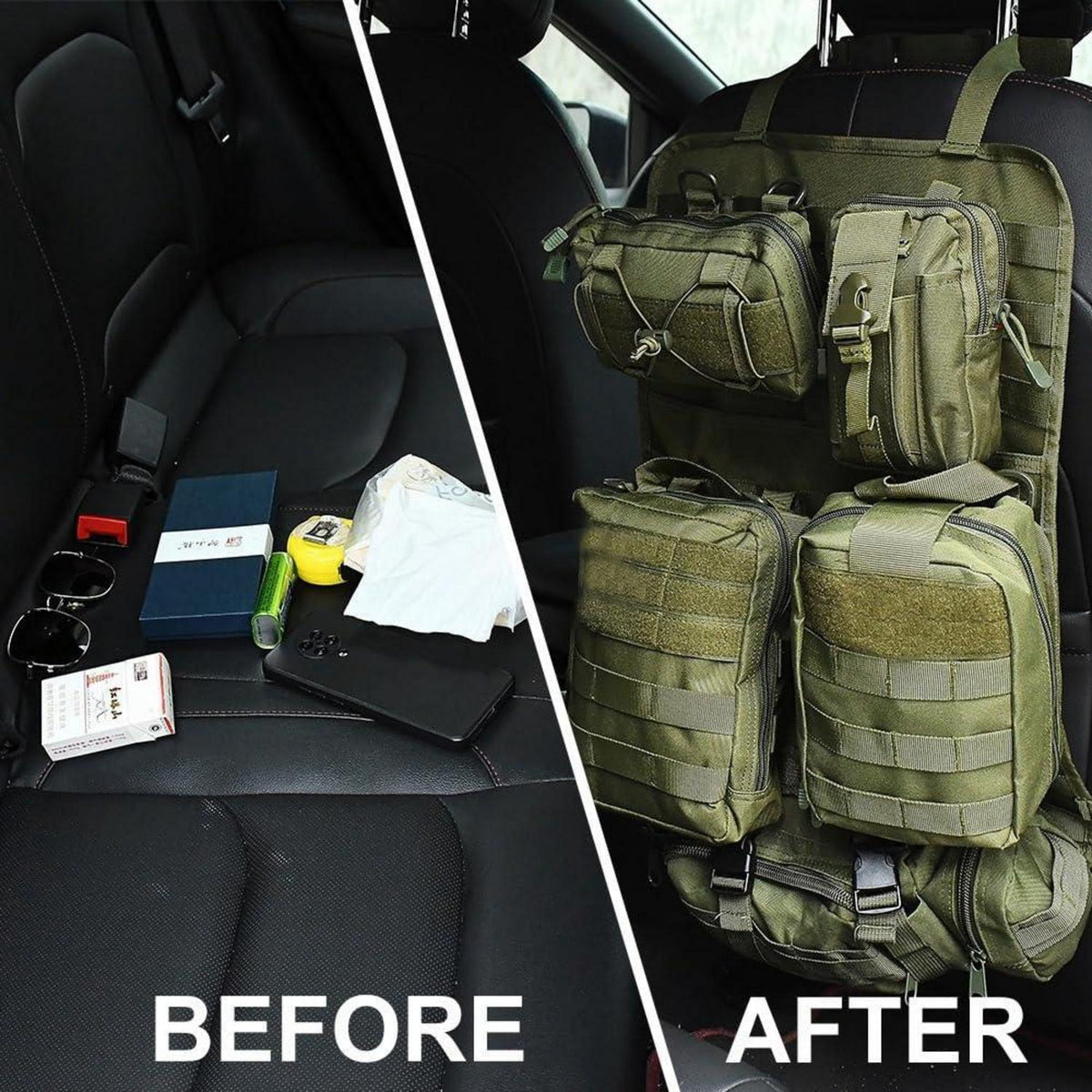 Taktischer Auto-Sitz Organizer mit MOLLE Taschen & Zubehör