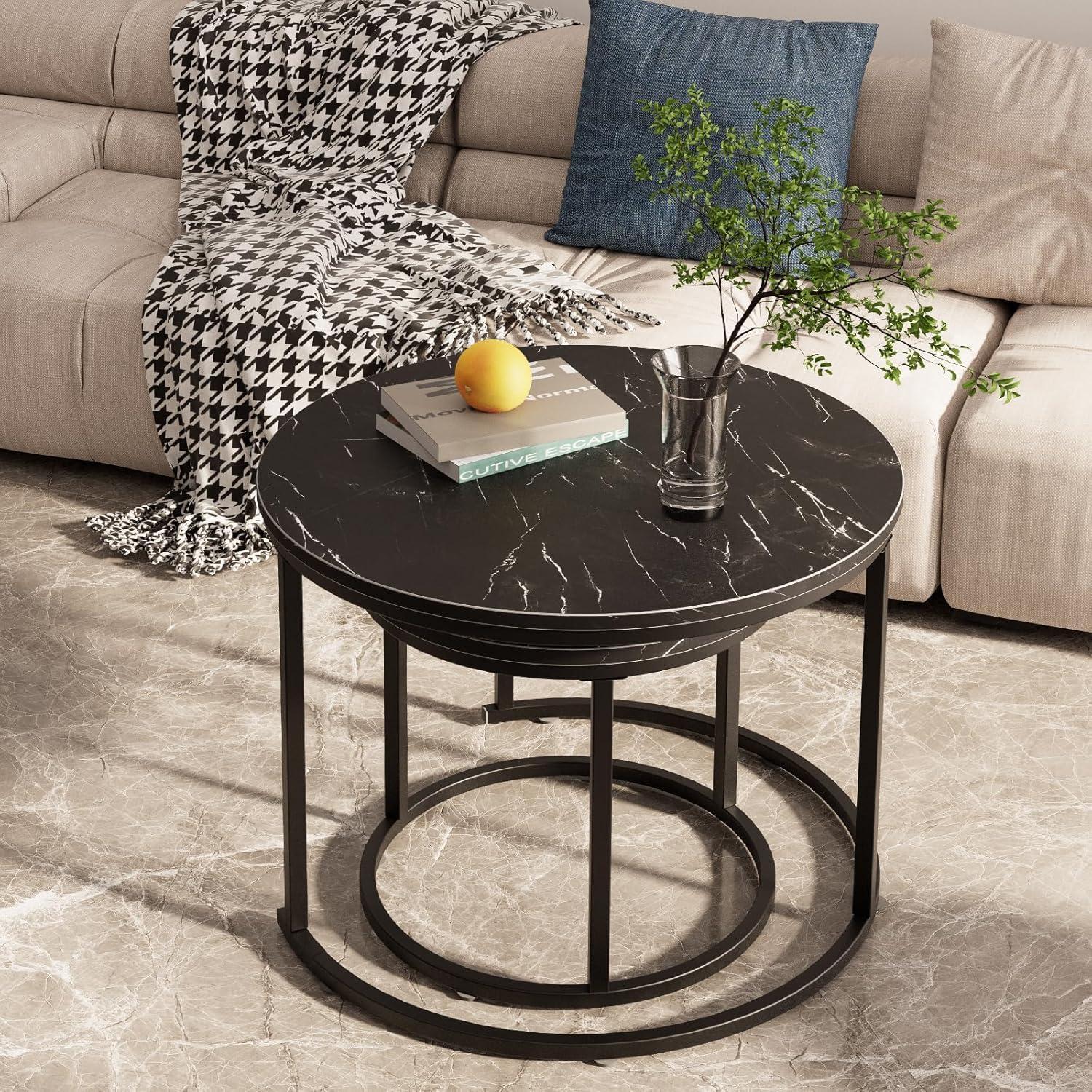 Runder Couchtisch Set Schwarz Metallgestell und Marmorplatte