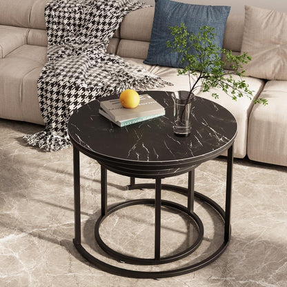 Runder Couchtisch Set Schwarz Metallgestell und Marmorplatte