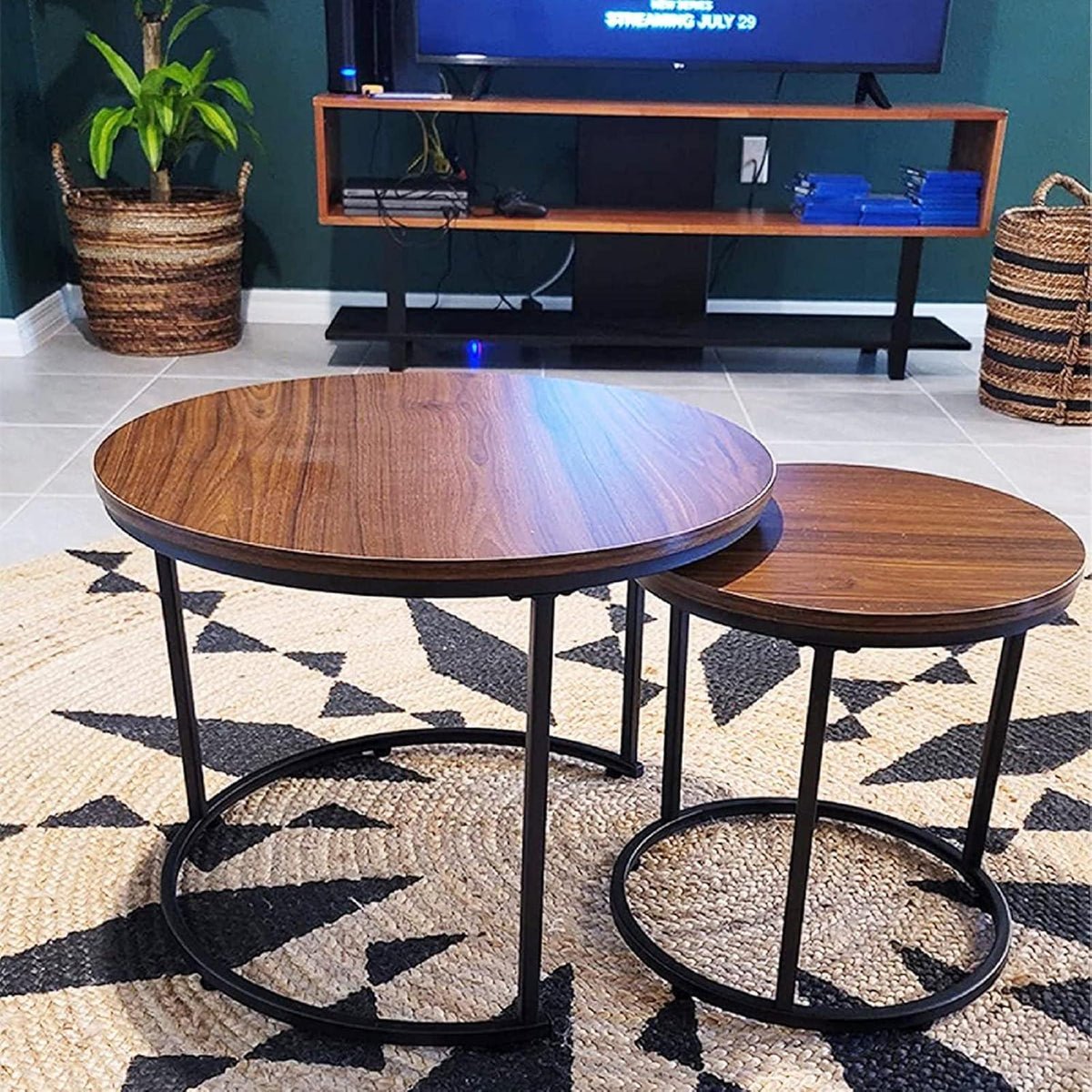 Runde Couchtische Set 2er Schwarz Braun, Holz