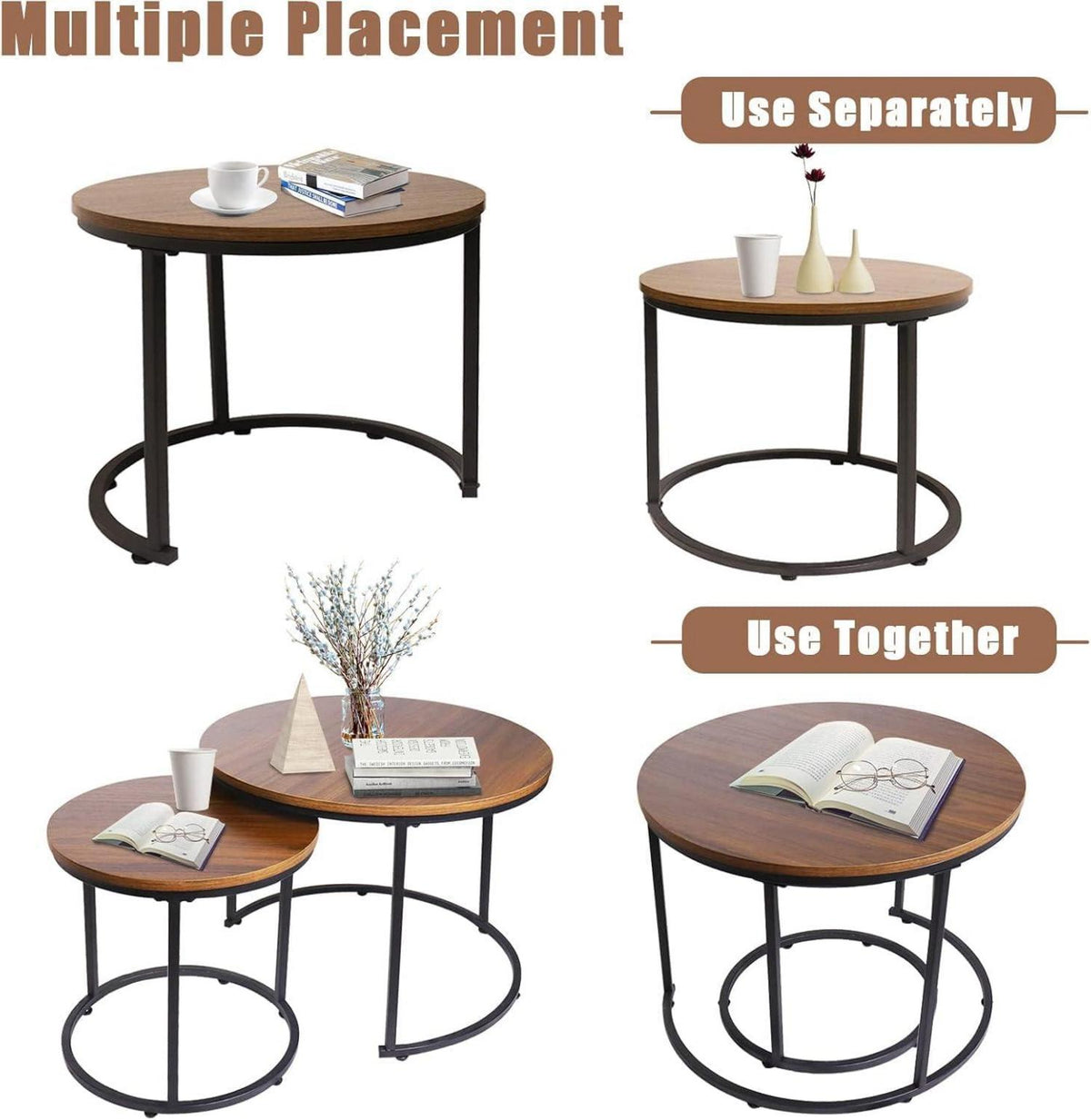 Runde Couchtische Set Satztisch Wohnzimmertisch Holz Braun Schwarz
