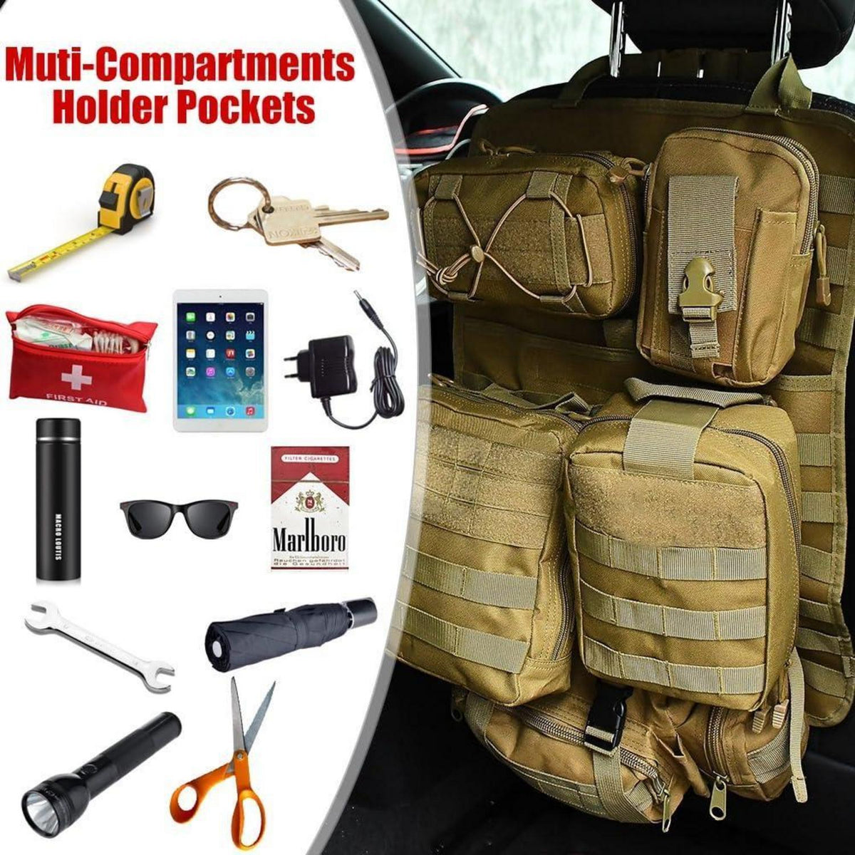 Taktischer Auto-Sitz Organizer mit MOLLE Taschen & Zubehör