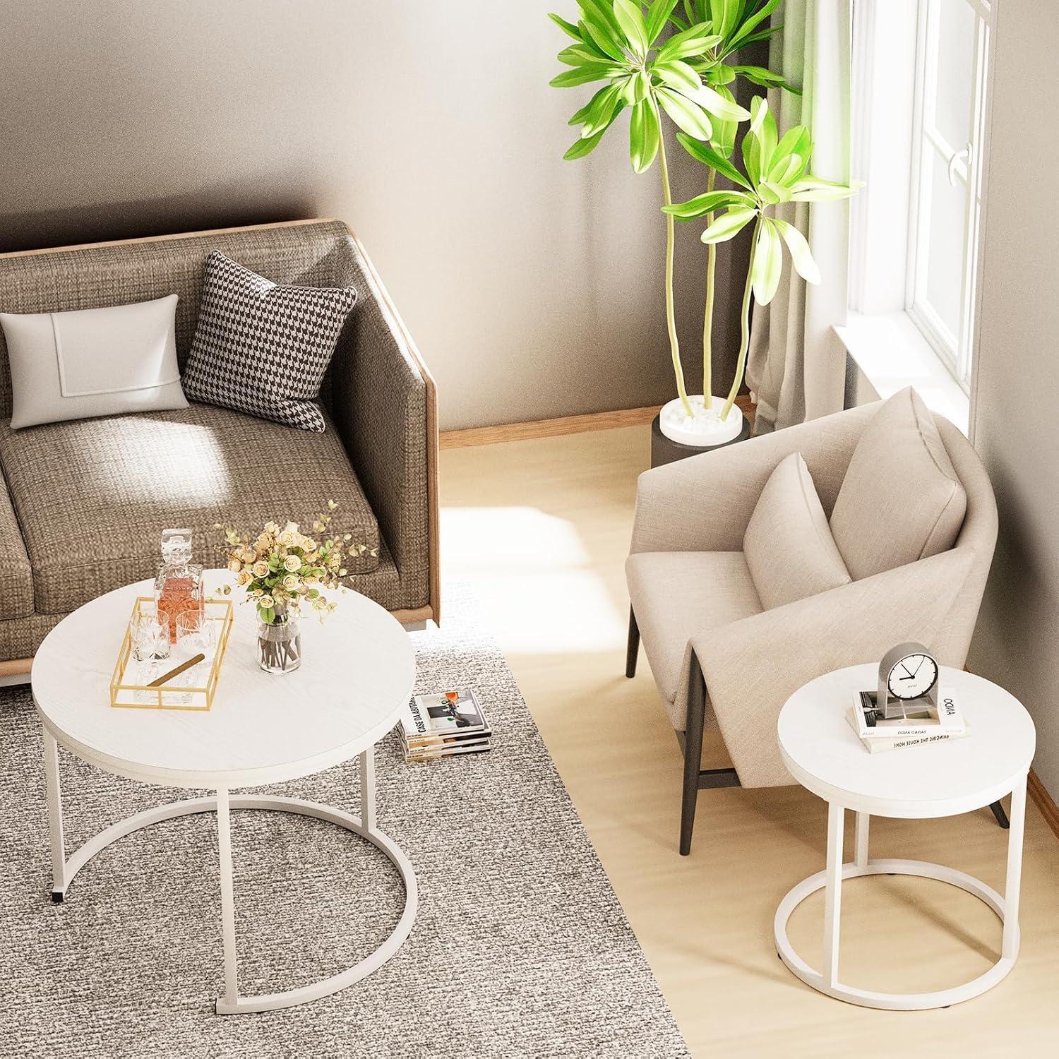 Huhote Couchtisch Set Rund Holz Weiß Metallgestell 2er Sofa Tisch LvgziMont6GF