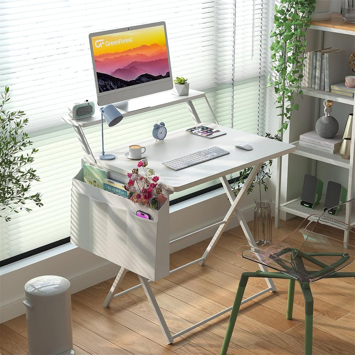 Klappbarer Schreibtisch 80 cm Weiß mit Regal & Tasche