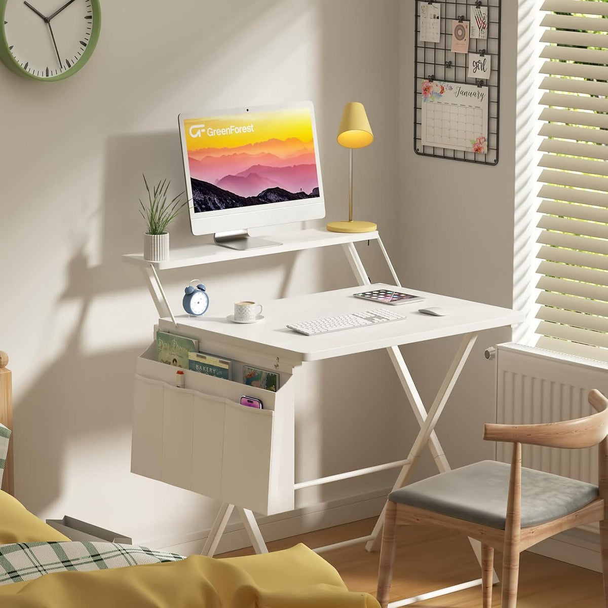 Klappbarer Schreibtisch 80 cm Weiß mit Regal und Tasche