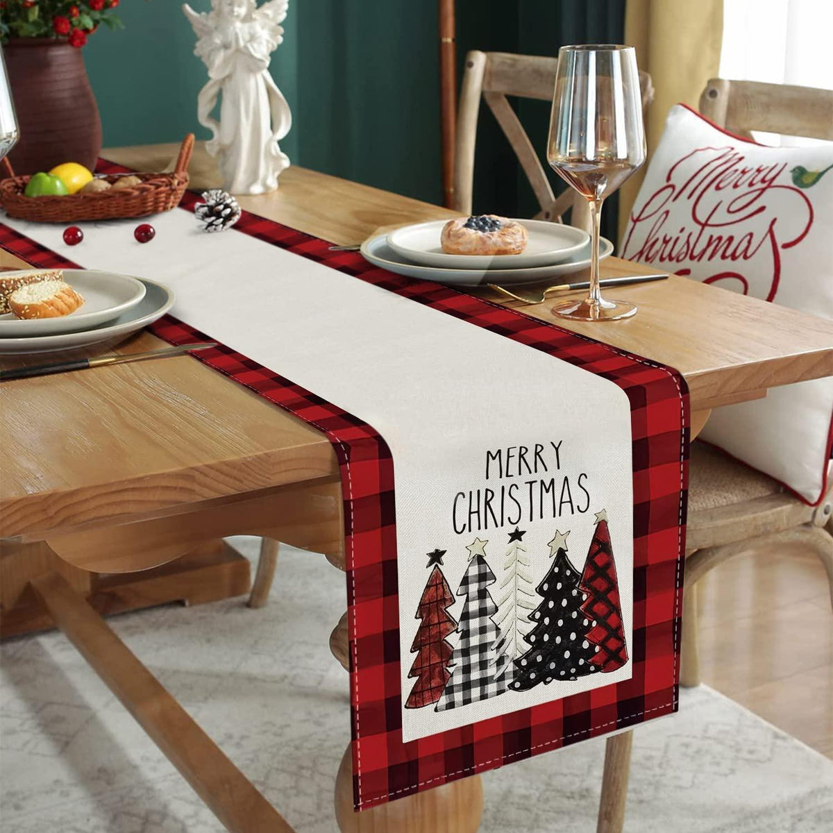 Roter Leinen Tischläufer Weihnachten 180 cm - Moderne Weihnachtsdeko