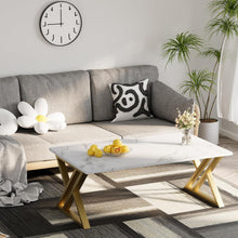 Moderner Couchtisch Holz Marmor Weiß Goldgestell 100x48x55