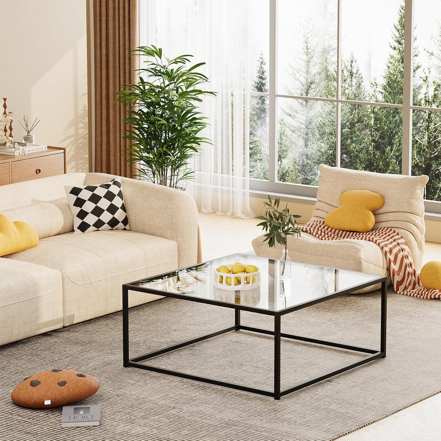 Moderner Couchtisch Schwarz aus Glas, Metallgestell, 67x67x40 cm