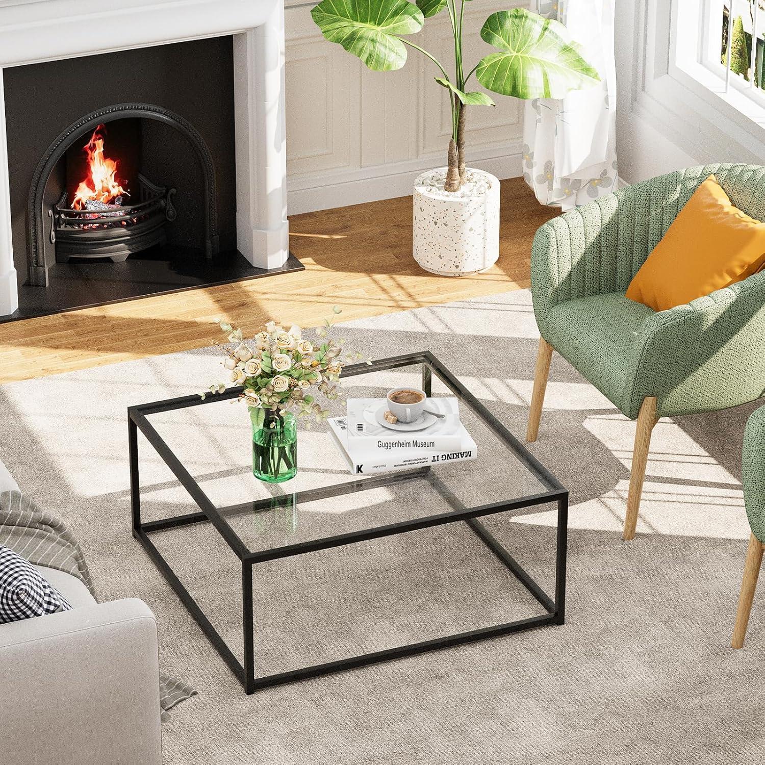 Couchtisch Quadrat Glas Schwarz Beistelltisch Glastisch 67x67x40 cm