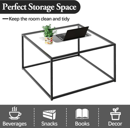 Modernes Schwarzglas Quadrat Couchtisch Metallgestell 67x67x40 cm