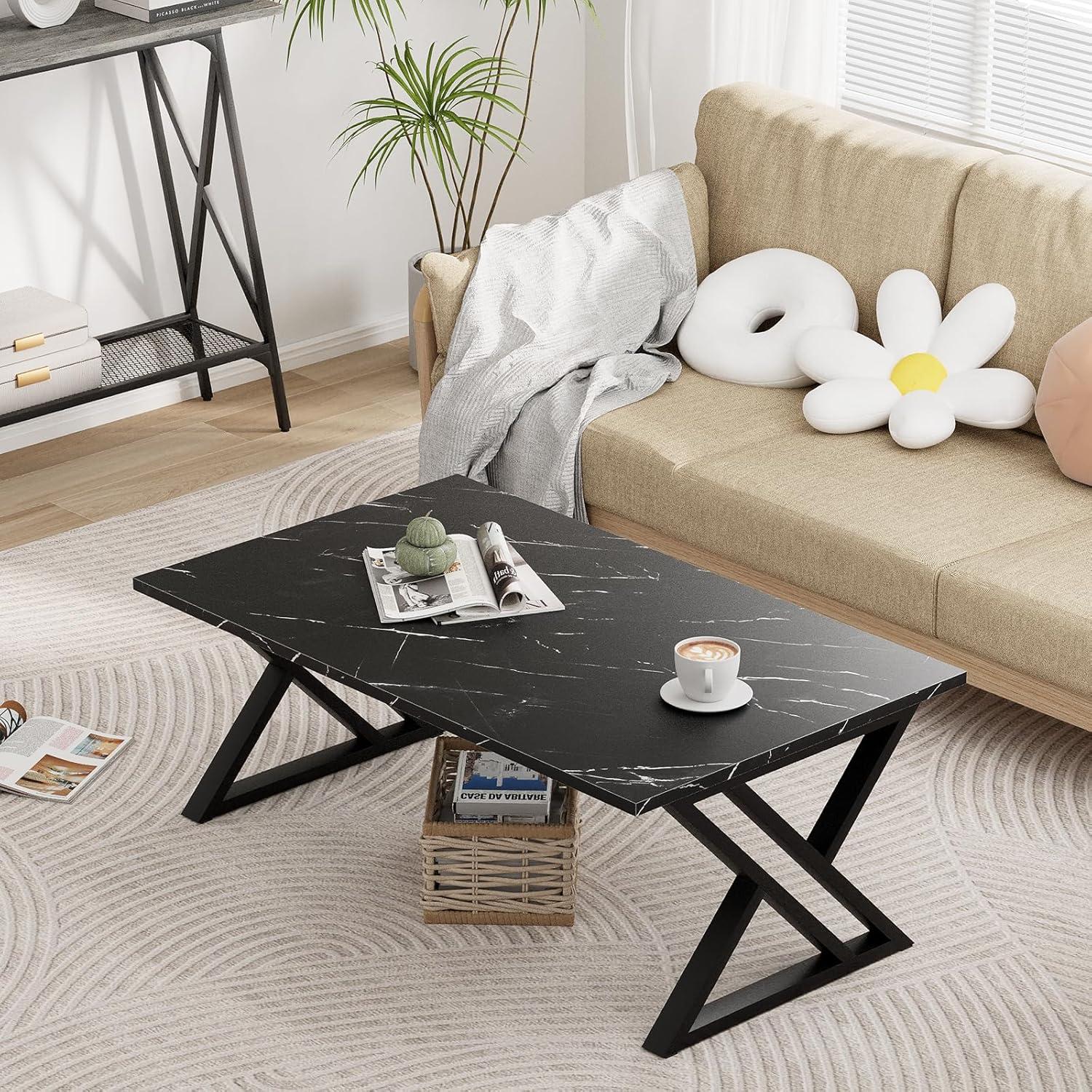 Couchtisch Holz Schwarz Marmor 100x48 cm Metallgestell