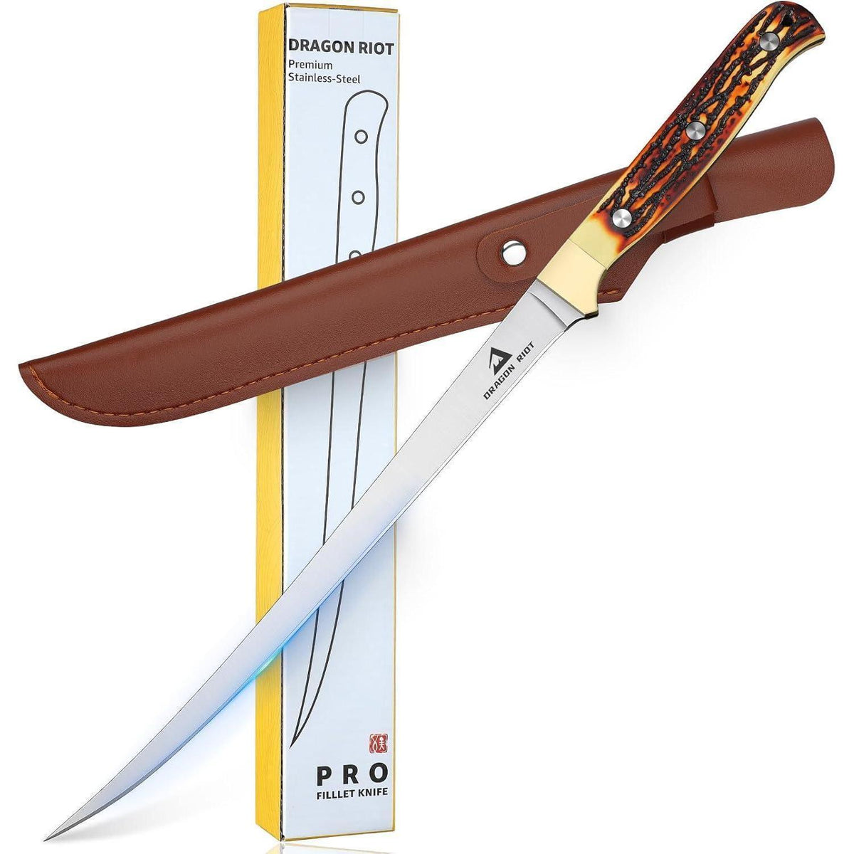 Filetiermesser Edelstahl 22cm mit Scheide & Anti-Rutsch-Griff in Lederoptik