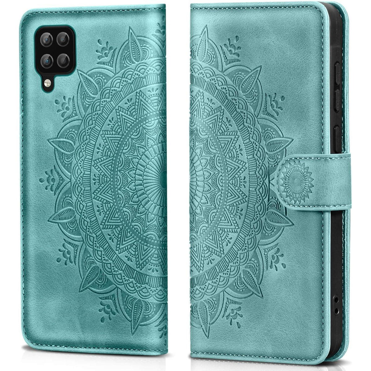 Samsung A12/M12 Klapphülle mit Kartenfach & Ständer Grün in Lederoptik