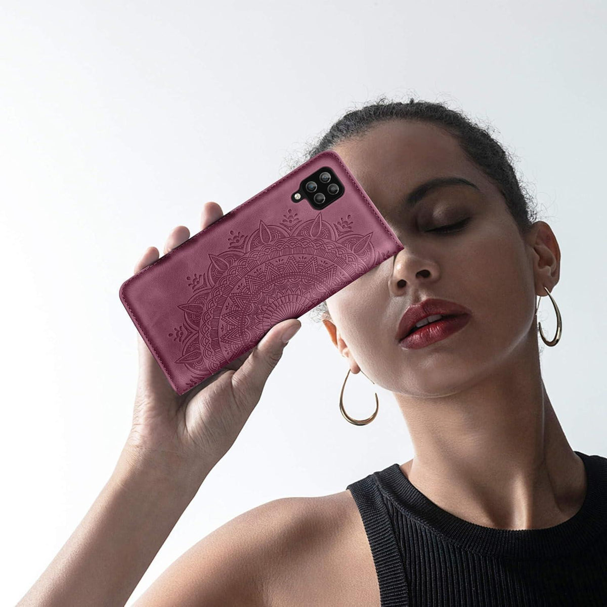 Samsung Galaxy A12/M12 Hülle mit Kartenfach, Ständer, Weinrot in Lederoptik