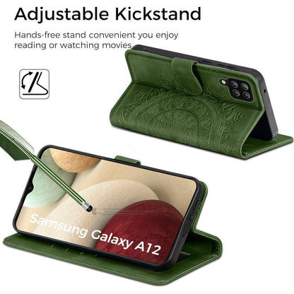 Handyhülle für Samsung A12/M12 mit Kartenfach und Ständer, Grasgrün in Lederoptik