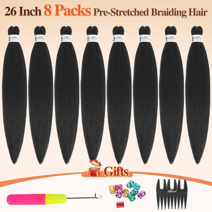 Pre-Stretched Flechthaar 66cm – 8er Pack Schwarz für Braids