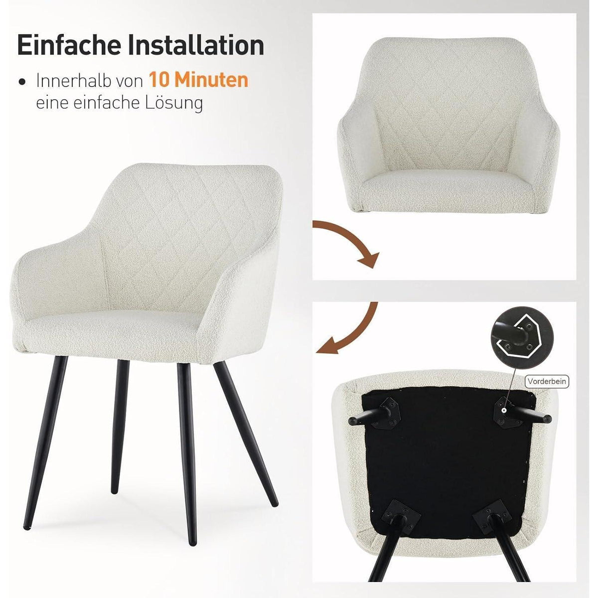 CLIPOP Esszimmerstühle 2er Set Bouclé Nebelweiß mit Armlehne
