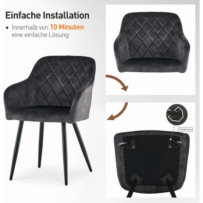 CLIPOP Esszimmerstühle 4er Set Samt Kohlenstoffgrau mit Armlehne